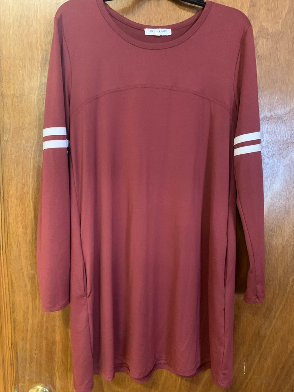 living doll Burgundy Crewneck dress with White Label Detail